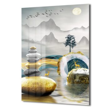 Zen Dengesi ve Altın Geyikler Modern Manzara Cam Tablo - Glazella