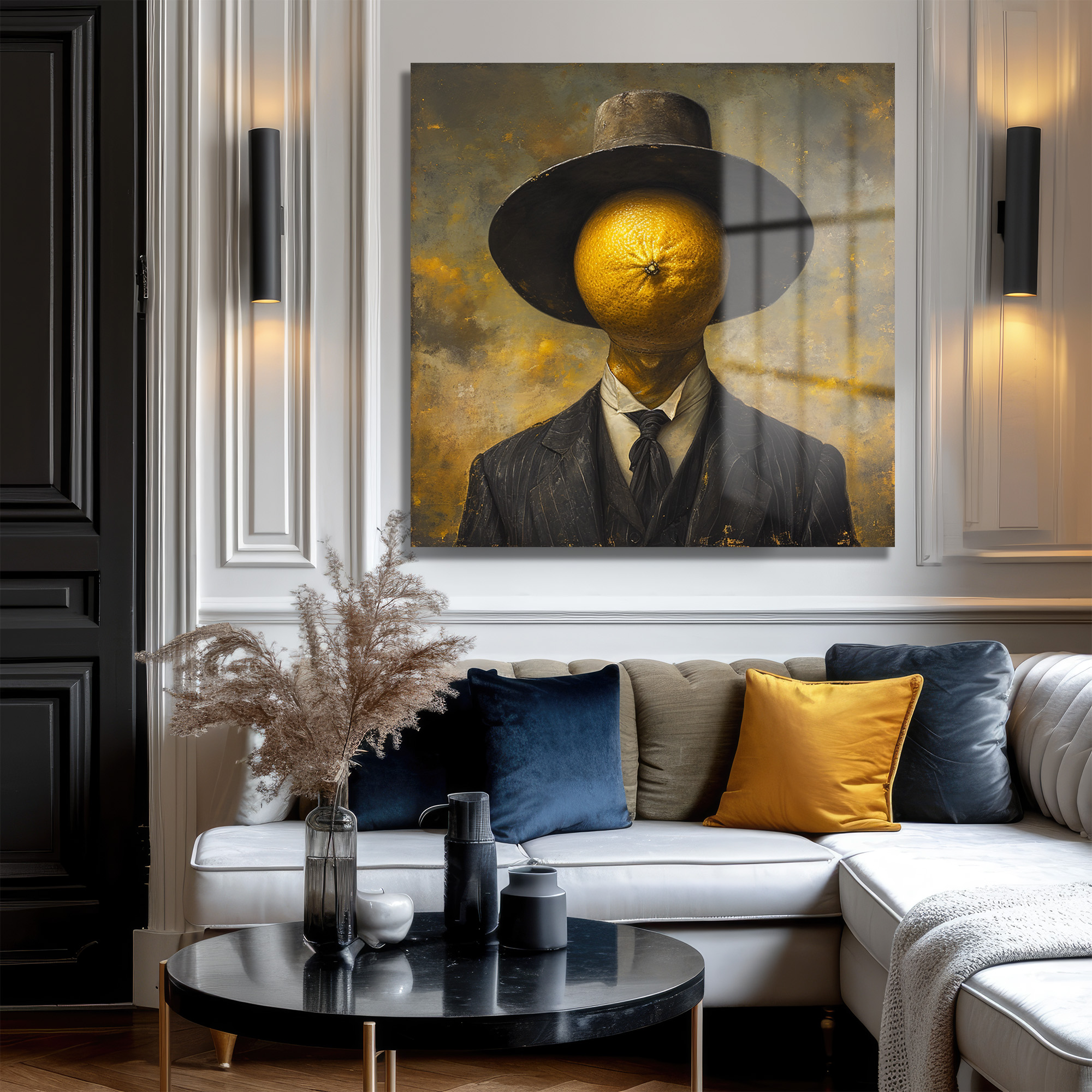 Portakal Kafalı Şapkalı Adam Cam Tablo - Sürreal Sanat Eseri Duvar Dekoru Portakal Kafalı Şapkalı Adam Cam Tablo - Sürreal Sanat Eseri - Görsel 3