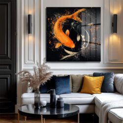 Koi Balığı Yin-Yang Sanatsal Sıçramalar Cam Tablo Duvar Dekoru Koi Balığı Yin-Yang Sanatsal Sıçramalar Cam Tablo Dekoratif Cam Tablo