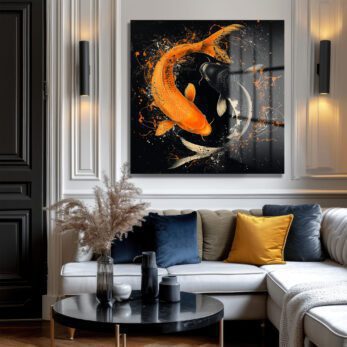 Koi Balığı Yin-Yang Sanatsal Sıçramalar Cam Tablo - Glazella Koi Balığı Yin-Yang Sanatsal Sıçramalar Cam Tablo - Glazella