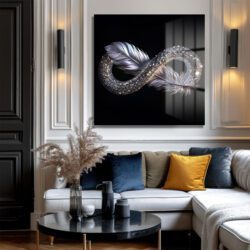 Sonsuzluğun Parıltısı: Tüy ve Glitter Tasarımlı Modern Cam Tablo Duvar Dekoru Sonsuzluğun Parıltısı: Tüy ve Glitter Tasarımlı Modern Cam Tablo Dekoratif Cam Tablo