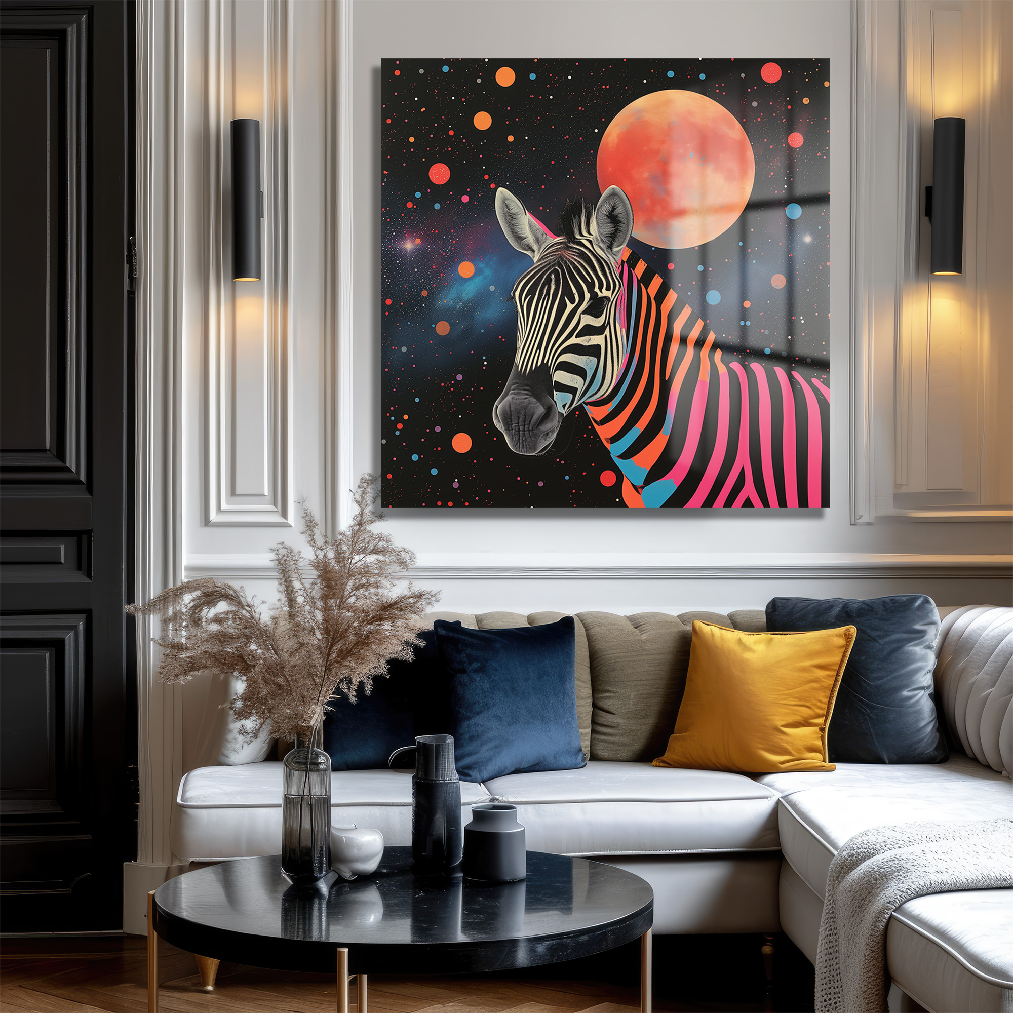 Uzaydaki Neon Zebra Temalı Dekoratif Cam Tablo Duvar Dekoru Uzaydaki Neon Zebra Temalı Dekoratif Cam Tablo - Görsel 3