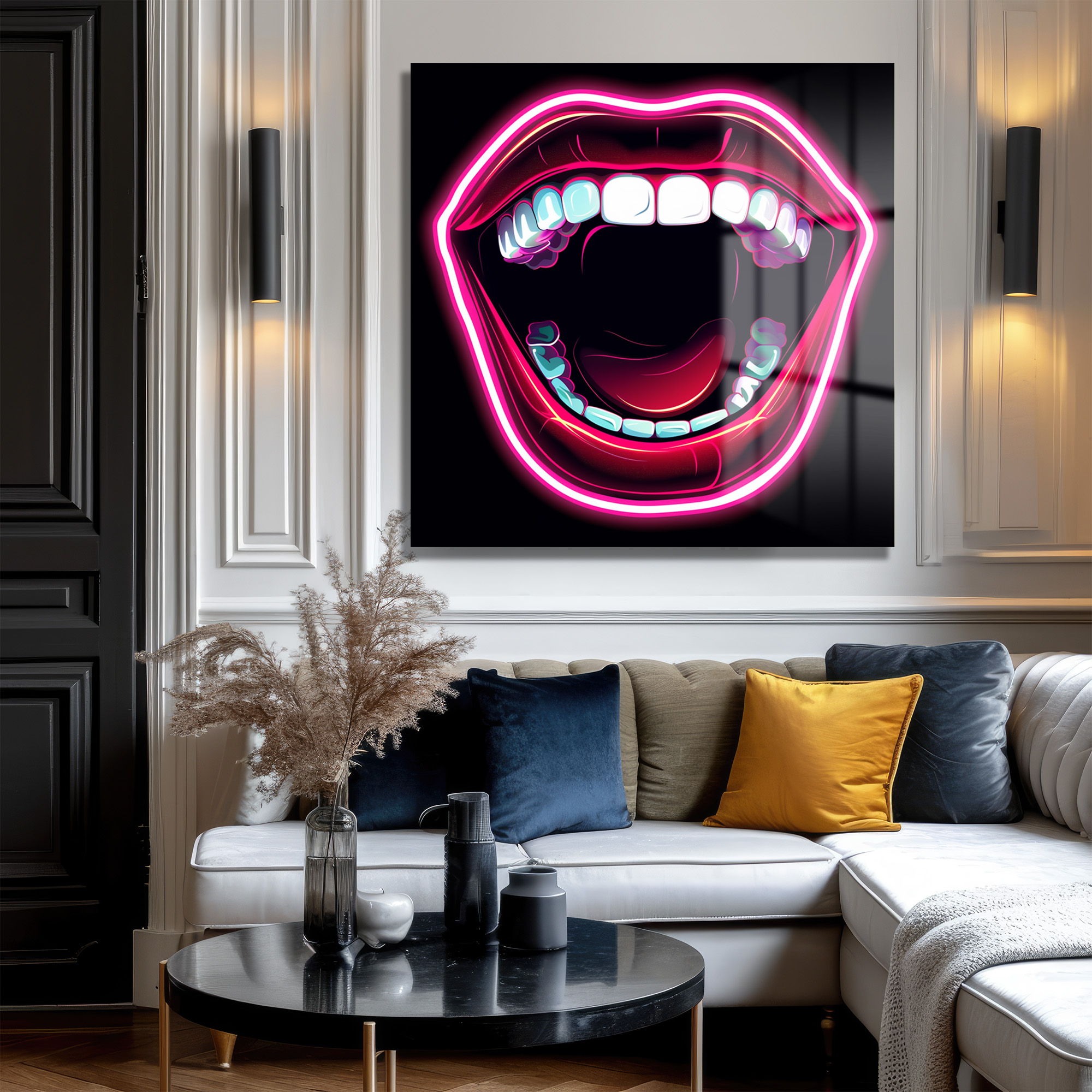 Neon Dudaklar Pop Art Cam Tablo - Enerjik Duvar Sanatı Duvar Dekoru Neon Dudaklar Pop Art Cam Tablo - Enerjik Duvar Sanatı - Görsel 3