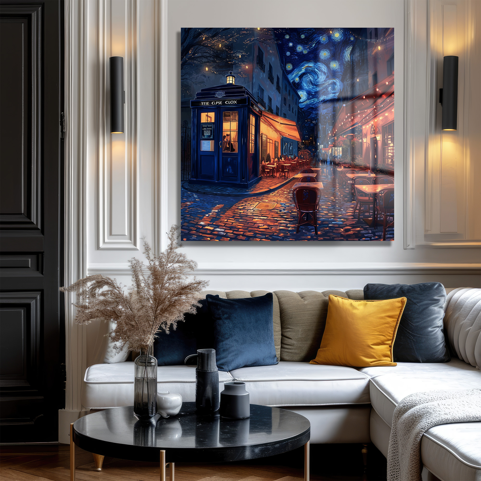 Yıldızlı Gece Paris Sokağı ve Gizemli TARDIS Cam Tablo Duvar Dekoru Yıldızlı Gece Paris Sokağı ve Gizemli TARDIS Cam Tablo - Görsel 3