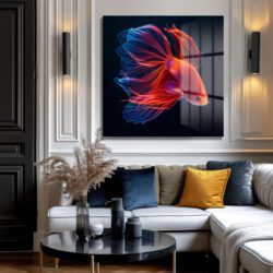 Ateş ve Buz Betta Balığı Cam Tablo - Neon Işıltılı Sanat Duvar Dekoru Ateş ve Buz Betta Balığı Cam Tablo - Neon Işıltılı Sanat Dekoratif Cam Tablo