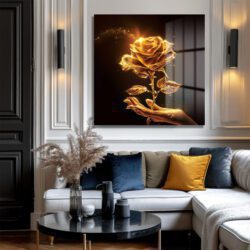 Altın Gül Cam Tablo | Işıltılı El Sanatı Duvar Dekoru Dekoratif Cam Tablo