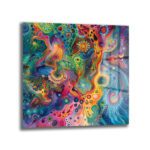 Ruhun Dansı: Canlı Renklerle Psychedelic Soyut Cam Tablo Duvar Dekoru Canlı, çok renkli ve karmaşık desenlere sahip, psychedelic ve soyut bir sanat eserini gösteren cam tablo. Mavi, yeşil, sarı, turuncu ve pembe tonlarında organik şekiller, spiraller ve noktacıklar birbirine karışıyor.