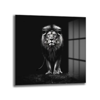 Görkemli Aslan Siyah Beyaz Cam Tablo - Glazella