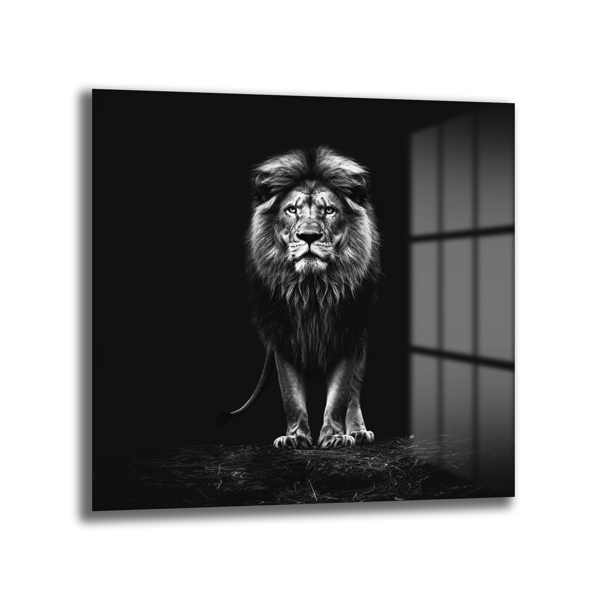 Görkemli Aslan Siyah Beyaz Cam Tablo - Glazella Görkemli Aslan Siyah Beyaz Cam Tablo - Glazella
