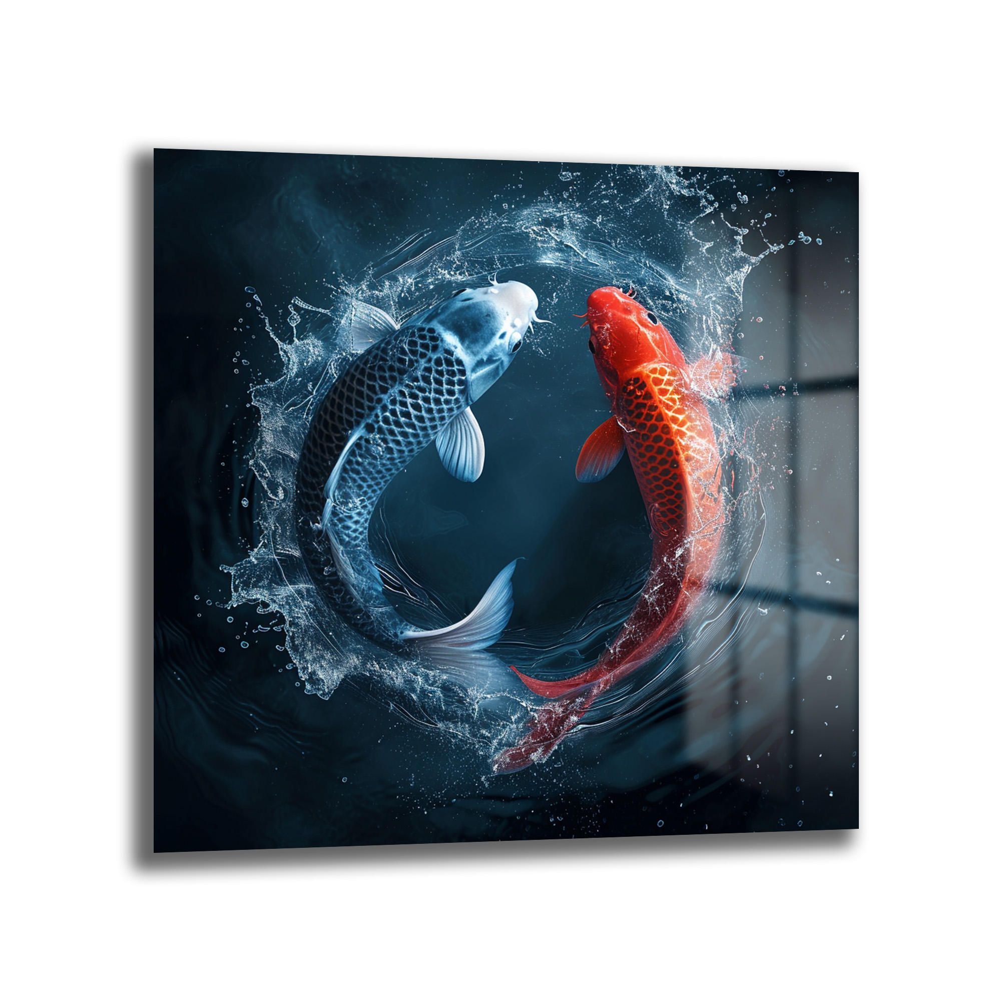 Yin Yang Koi Balıkları Cam Tablo - Su Dansı ve Uyum Duvar Dekoru Koyu mavi suyun içinde, birbirine zıt yönlerde yüzen kırmızı ve mavi koi balıklarının oluşturduğu yin yang sembolünü gösteren, etrafında su sıçramaları olan modern bir cam tablo.