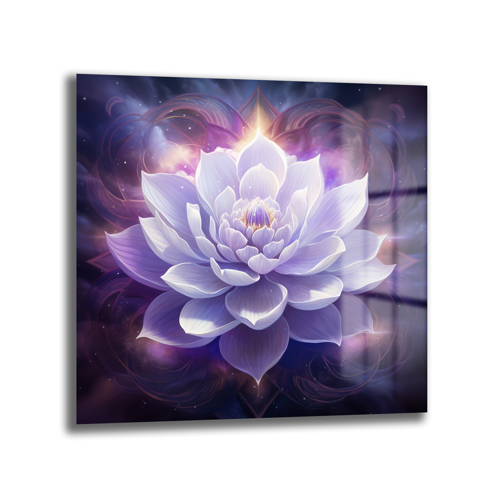 Işıltılı Lotus Çiçeği Cam Tablo: Huzur ve Zarafet Duvar Dekoru Mor ve beyaz tonlarda parlayan, mistik ve kozmik bir arka plan üzerinde duran büyük bir lotus çiçeği gösteren cam tablo. Çiçekten yayılan ışıltılar ve etrafındaki girdaplı desenler huzurlu ve ruhani bir atmosfer yaratıyor.