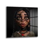 Gizemli Voodoo Bebek Cam Tablo: Büyüleyici Gözlerle Sanatsal Derinlik Duvar Dekoru Koyu kahverengi tonlarda, büyük sarı gözleri ve dikişlerle kaplı yüzü olan stilize bir voodoo bebek karakterini gösteren cam tablo. Boynunda ip ve kırmızı kilitli kolye bulunmaktadır. Arka plan loş ve hafifçe parmaklıklı bir pencere detayı içerir.