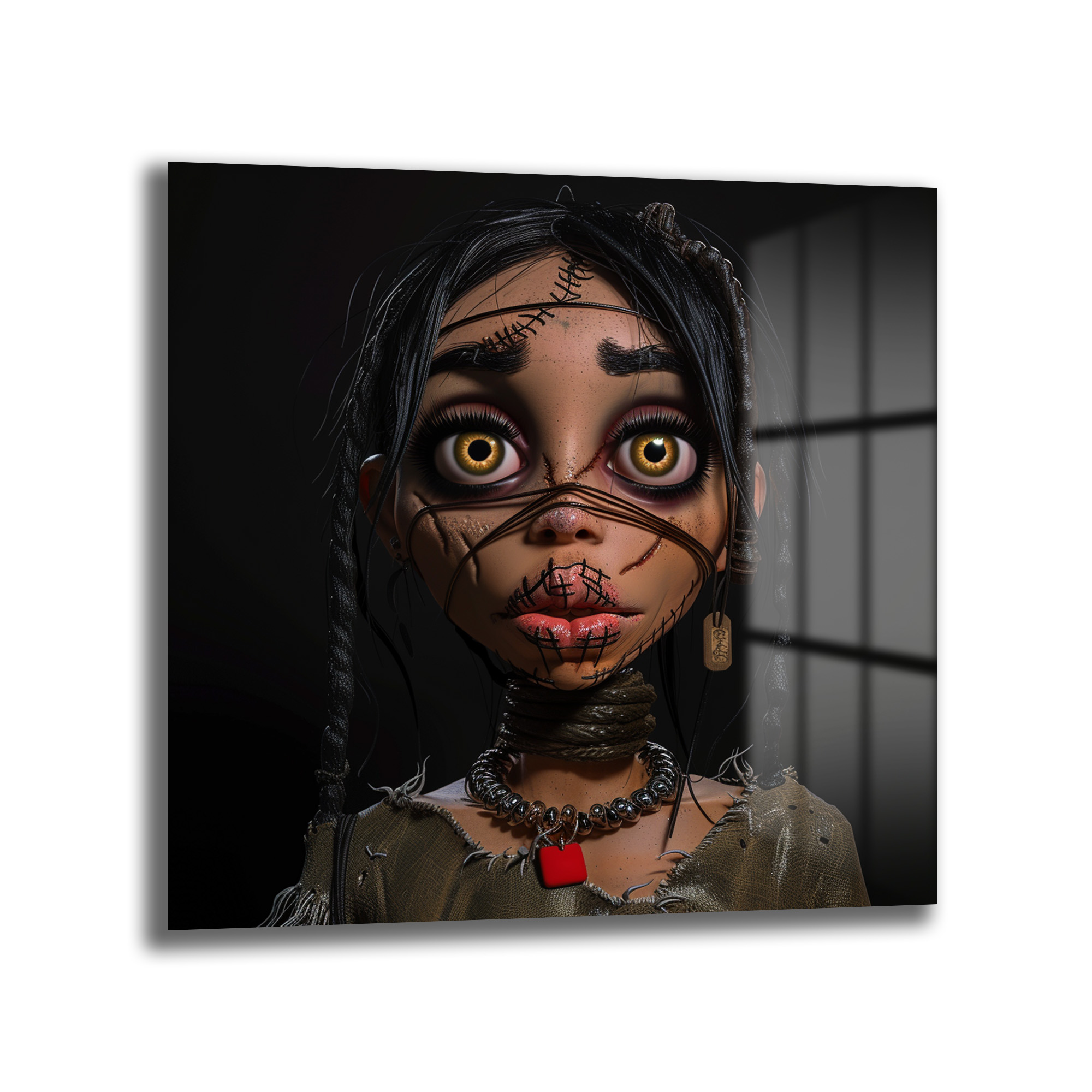 Gizemli Voodoo Bebek Cam Tablo: Büyüleyici Gözlerle Sanatsal Derinlik - Glazella Gizemli Voodoo Bebek Cam Tablo: Büyüleyici Gözlerle Sanatsal Derinlik - Glazella