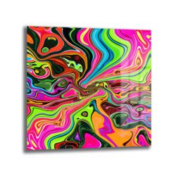 Dinamik Enerji Akışı Modern Cam Tablo - Glazella Sanat Duvar Dekoru Neon pembe, parlak yeşil, elektrik mavisi, canlı turuncu ve siyah tonlarında, akışkan ve girdaplı soyut formlar içeren modern cam tablo. Sanatsal ve kurgusal bir patlama efektiyle enerji dolu bir görsel.