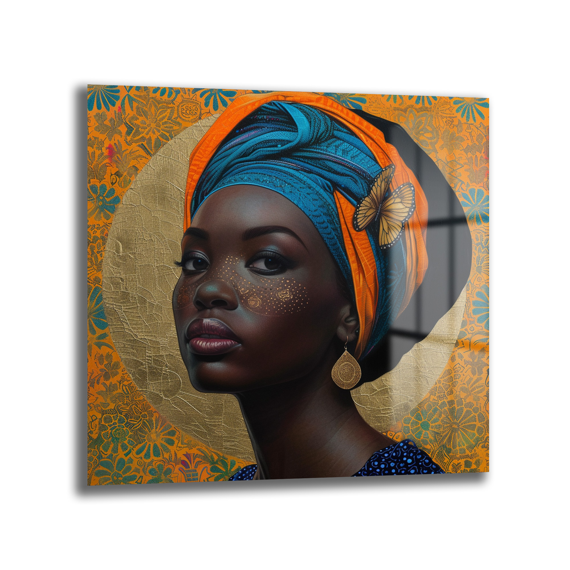 Vibrant Afrika Kadını Portresi Cam Tablo Duvar Dekoru Turuncu ve mavi türbanlı, altın benekli yüzü ve küpesi olan koyu tenli Afrikalı bir kadının portresi. Arka planında altın bir daire ve turuncu-mavi desenler bulunuyor.