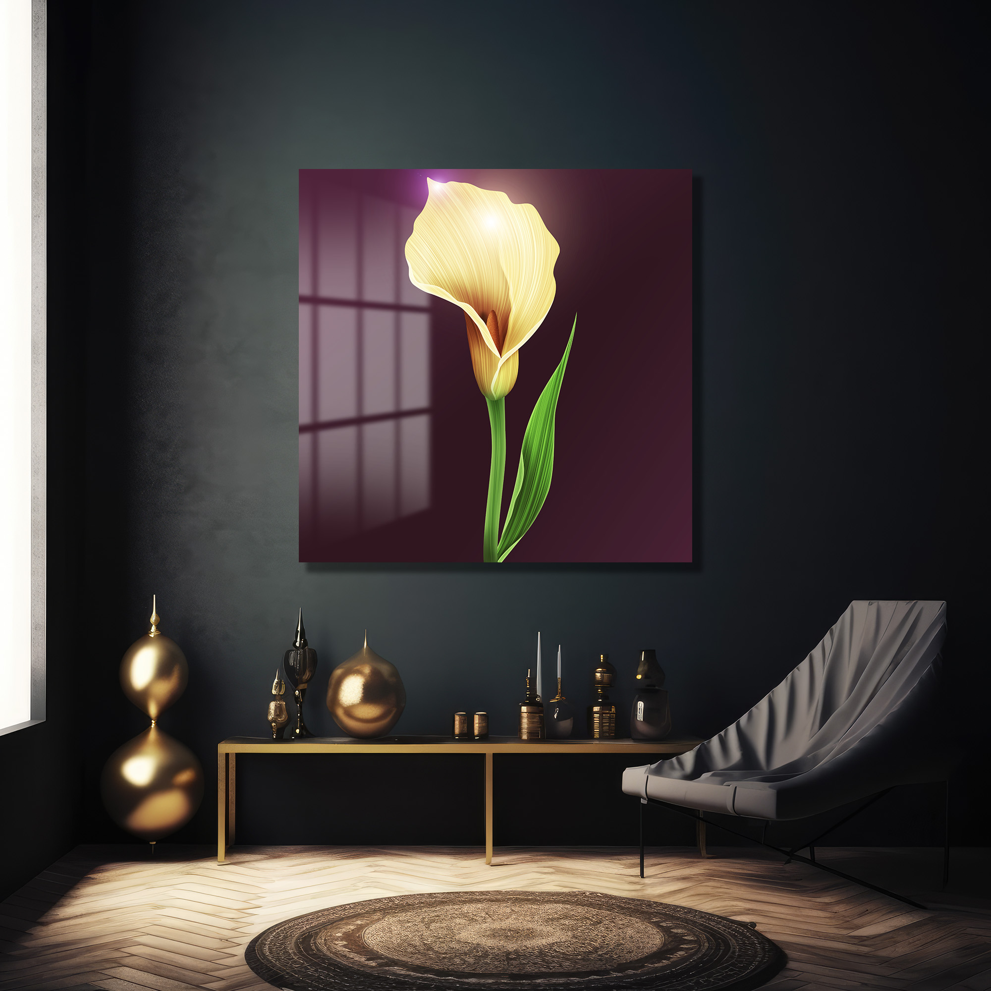 Işıltılı Sarı Calla Zambak Modern Cam Tablo Duvar Dekoru Işıltılı Sarı Calla Zambak Modern Cam Tablo - Görsel 2