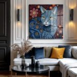 Mistik Mavi Kedi: Canlı Desenli Dekoratif Cam Tablo Duvar Dekoru Mistik Mavi Kedi: Canlı Desenli Dekoratif Cam Tablo Dekoratif Cam Tablo