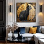 Art Deco'nun Asaleti: Altın ve Kara Kedi Temalı Temperli Cam Tablo Duvar Dekoru Art Deco'nun Asaleti: Altın ve Kara Kedi Temalı Temperli Cam Tablo Dekoratif Cam Tablo
