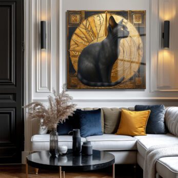 Art Deco'nun Asaleti: Altın ve Kara Kedi Temalı Temperli Cam Tablo - Glazella Art Deco'nun Asaleti: Altın ve Kara Kedi Temalı Temperli Cam Tablo - Glazella