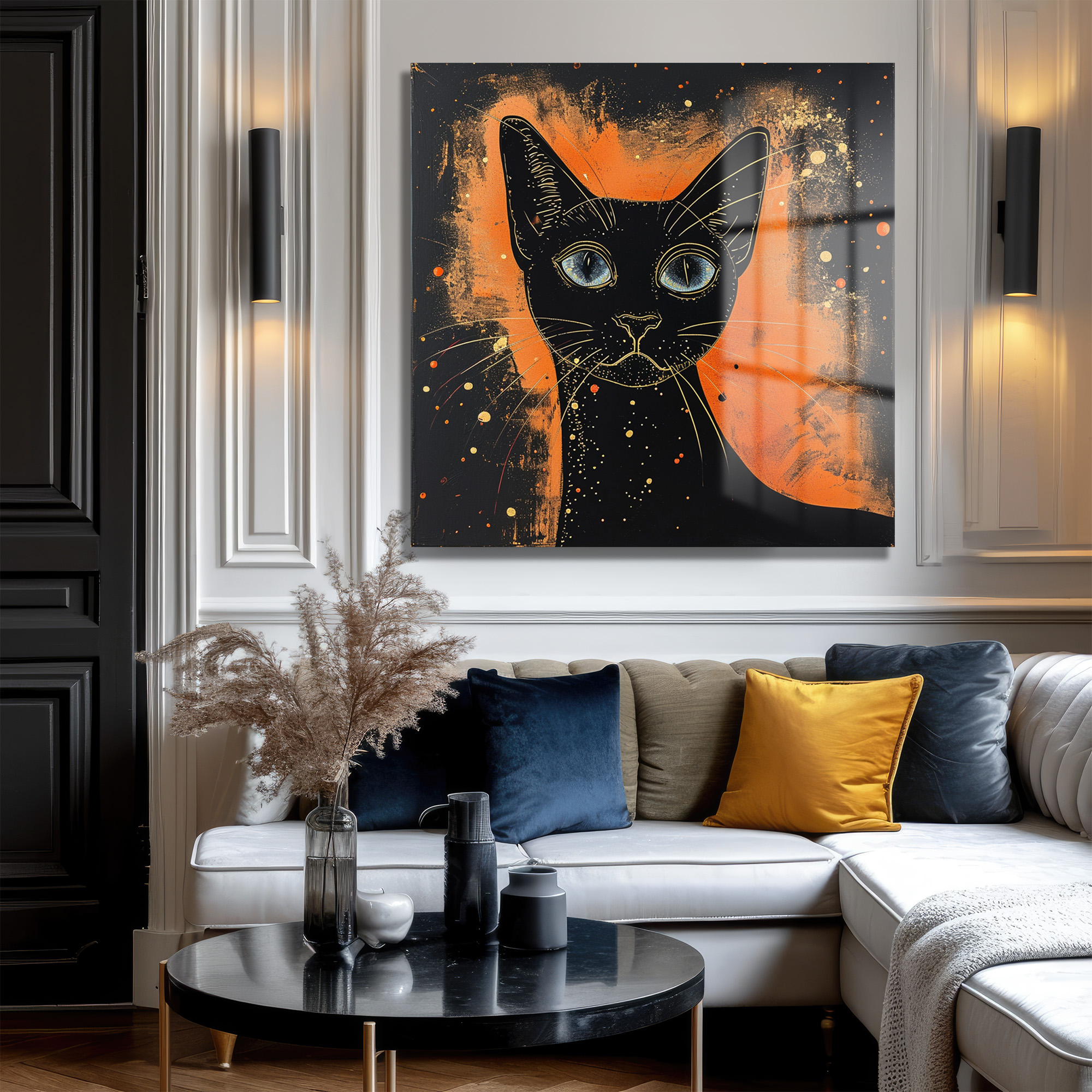 Büyüleyici Mavi Gözler: Modern Kara Kedi Temalı Temperli Cam Tablo Duvar Dekoru Büyüleyici Mavi Gözler: Modern Kara Kedi Temalı Temperli Cam Tablo - Görsel 3