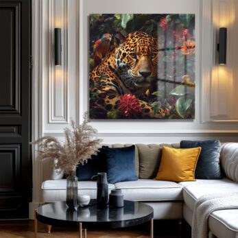 Jungle Gözleri: Jaguar ve Papağan Temalı Premium Cam Tablo - Glazella