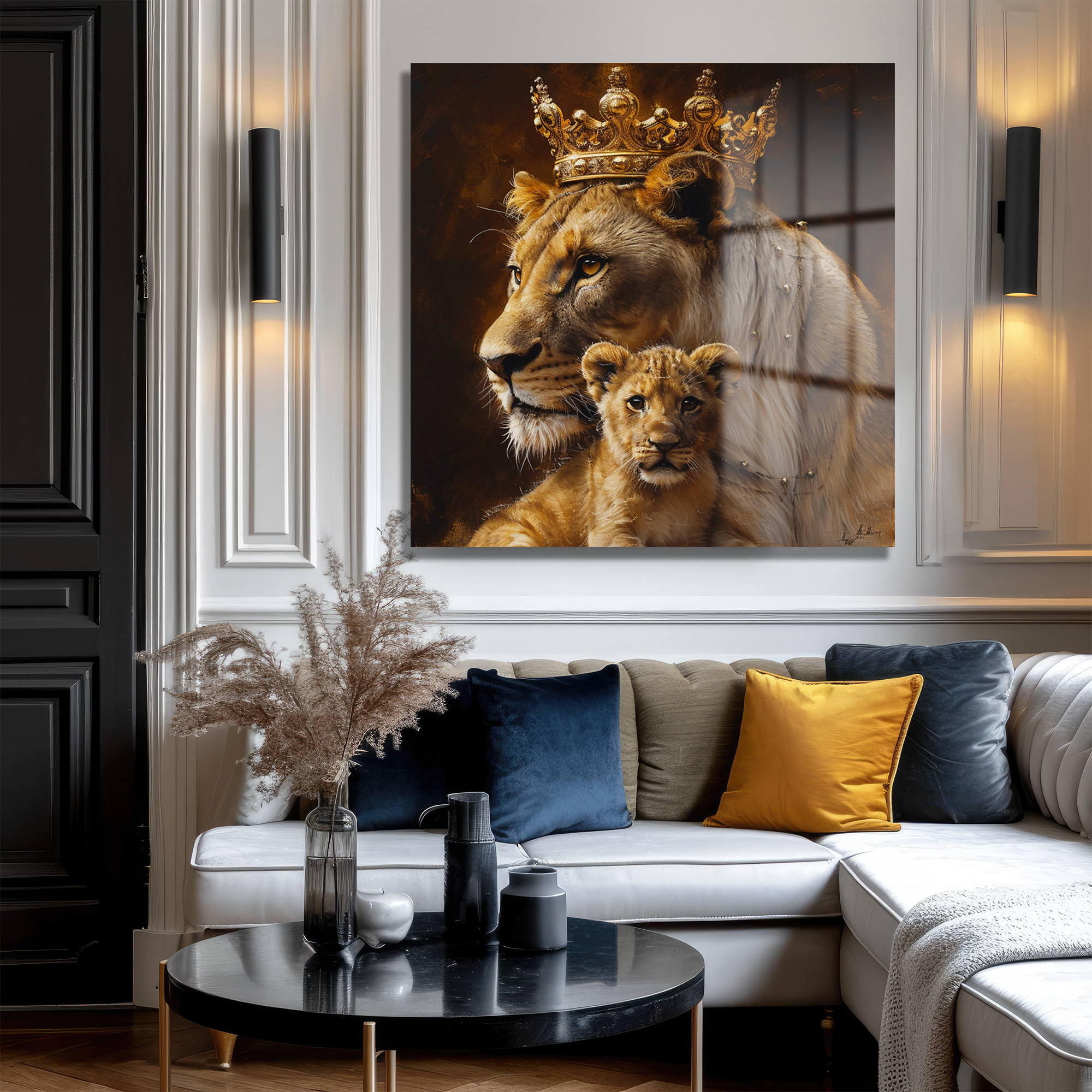 Taçlı Aslan Anne ve Yavrusu Regal Cam Tablo Duvar Dekoru Taçlı Aslan Anne ve Yavrusu Regal Cam Tablo - Görsel 3