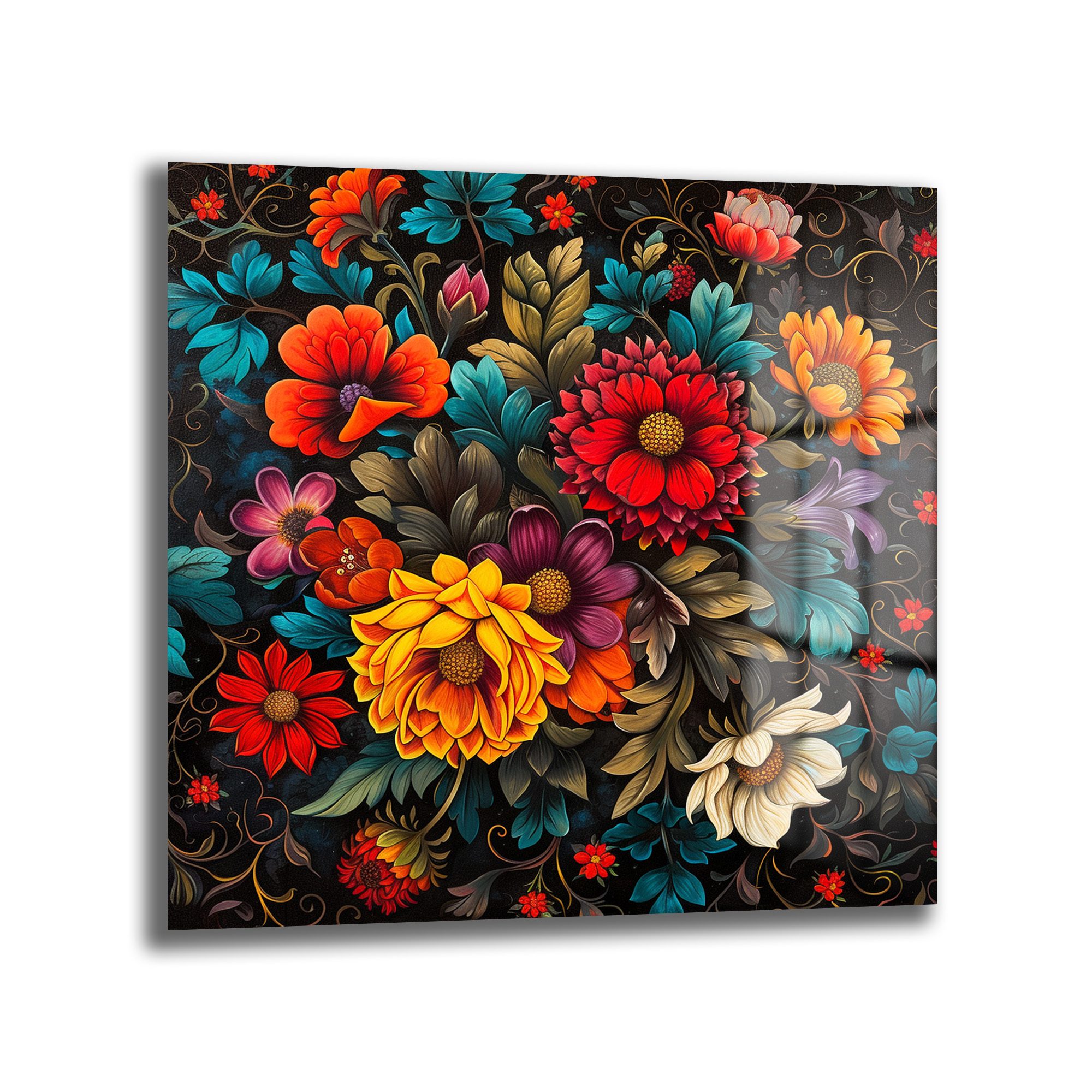 Renk Şöleni Floral Desenli Dekoratif Cam Tablo Duvar Dekoru Koyu siyah zeminde, kırmızı, turuncu, sarı, mor, turkuaz ve beyaz tonlarında canlı, detaylı çiçekler ve yapraklarla dolu, zengin bir buket deseni içeren parlak cam tablo.