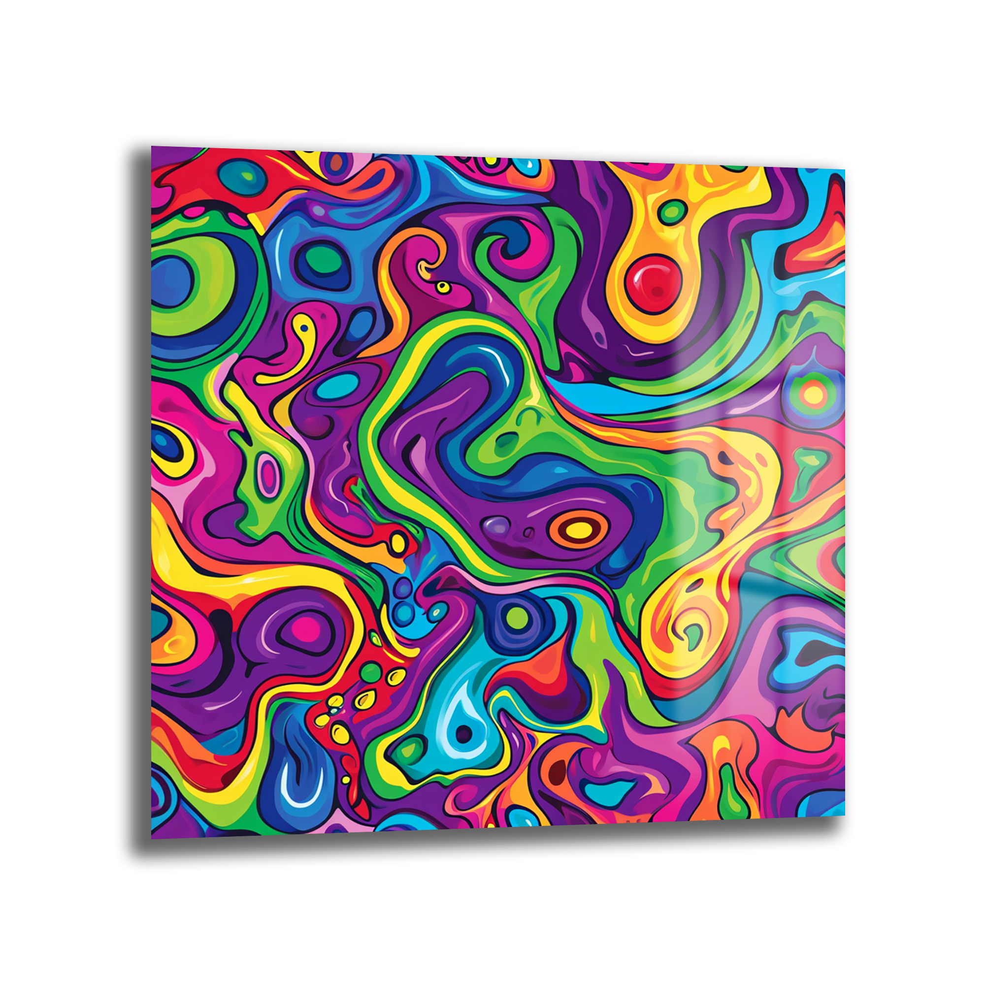 Canlı Renklerin Dansı: Psychedelic Akışkan Sanat Cam Tablo Duvar Dekoru Canlı mor, yeşil, mavi, sarı ve kırmızı tonlarında akışkan, organik şekillerle dolu soyut bir desenin yer aldığı parlak cam tablo.