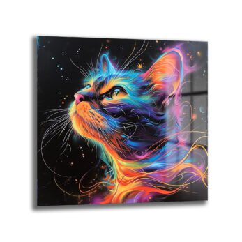Göz Kamaştıran Neon Kedi Sanatı Cam Tablo - Glazella