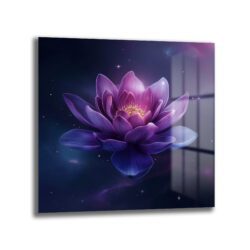 Kozmik Lotus Işıltısı Mor Çiçekli Dekoratif Cam Tablo - Glazella