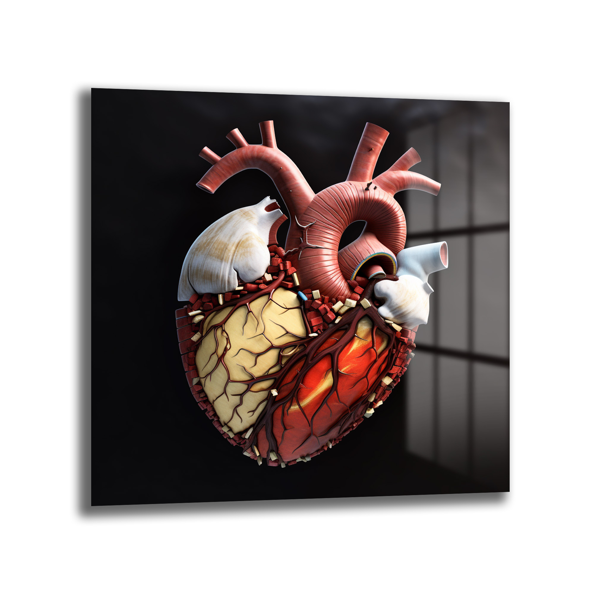 Anatomik Kalp Sanatı Cam Tablo - Yaşamın Ritmini Evine Taşı Duvar Dekoru Koyu arka plan üzerinde, kırmızı ve sarı tonlarında detaylı, stilize edilmiş bir insan kalbi anatomisi gösteren cam tablo. Kalbin iç yapısı ve damarları belirgin şekilde görselleştirilmiştir.