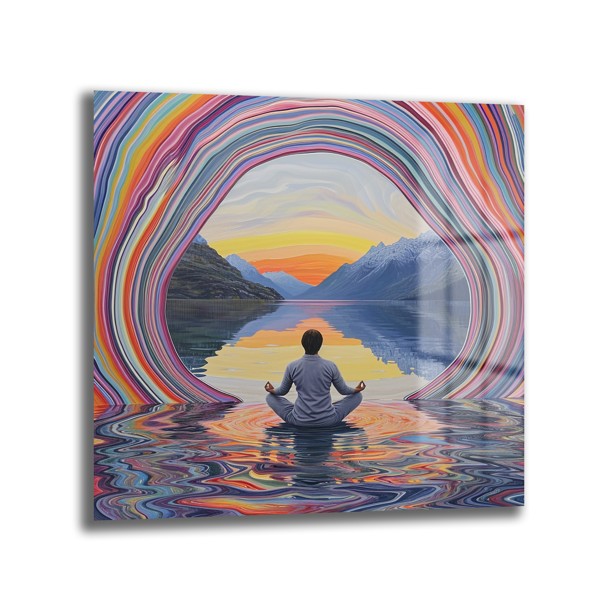 Meditasyon ve Renklerin Dansı Temalı Dekoratif Cam Tablo Duvar Dekoru Lotus pozisyonunda, göle yansıyan renkli gün batımı ve dağ manzarası önünde meditasyon yapan bir figürün, etrafını saran gökkuşağı renklerinde dalgalı bir kemerle çevrili olduğu modern cam tablo.