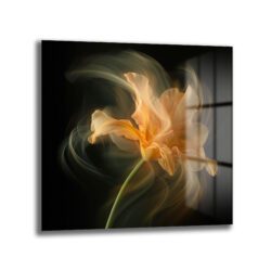 Ethereal Çiçek Dansı Cam Tablo - Işıltılı Sanat Eseri Duvar Dekoru Koyu siyah bir arka plan üzerinde, turuncu ve şeftali tonlarında, duman benzeri ışık hüzmeleriyle çevrili, uzun yeşil saplı, zarif ve yarı saydam bir çiçeği gösteren modern cam tablo.