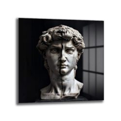 Koyu siyah arka plan önünde, ortadan ikiye ayrılmış gibi duran beyaz mermer David heykeli büstünün modern ve sanatsal bir yorumunu gösteren cam tablo.