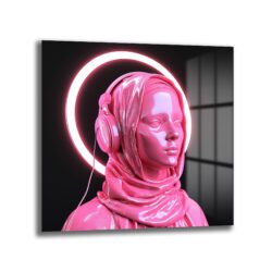 Pembe Neon Haleli Fütüristik Kadın Cam Tablo - Glazella