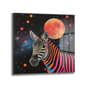 Uzaydaki Neon Zebra Temalı Dekoratif Cam Tablo - Glazella