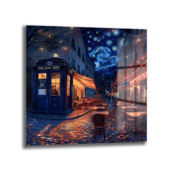 Yıldızlı Gece Paris Sokağı ve Gizemli TARDIS Cam Tablo - Glazella