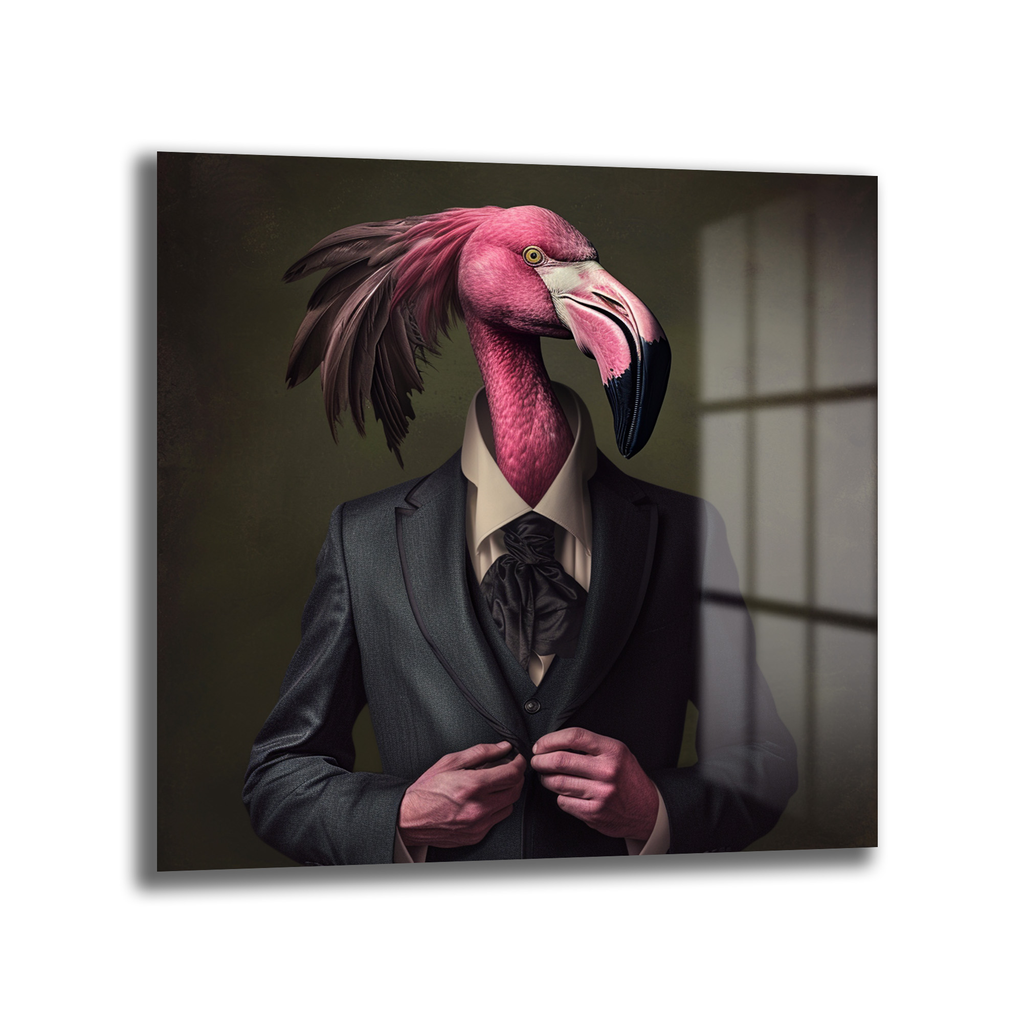 Flamingo Beyefendi: Pembe Zarafet Temalı Modern Cam Tablo Duvar Dekoru Koyu yeşil arka plan önünde, pembe tüyleri ve gagası olan bir flamingonun takım elbiseli, kravatlı, düğmelerini iliklerken çekilmiş portresi. Sürrealist ve şık bir hayvan portresi.