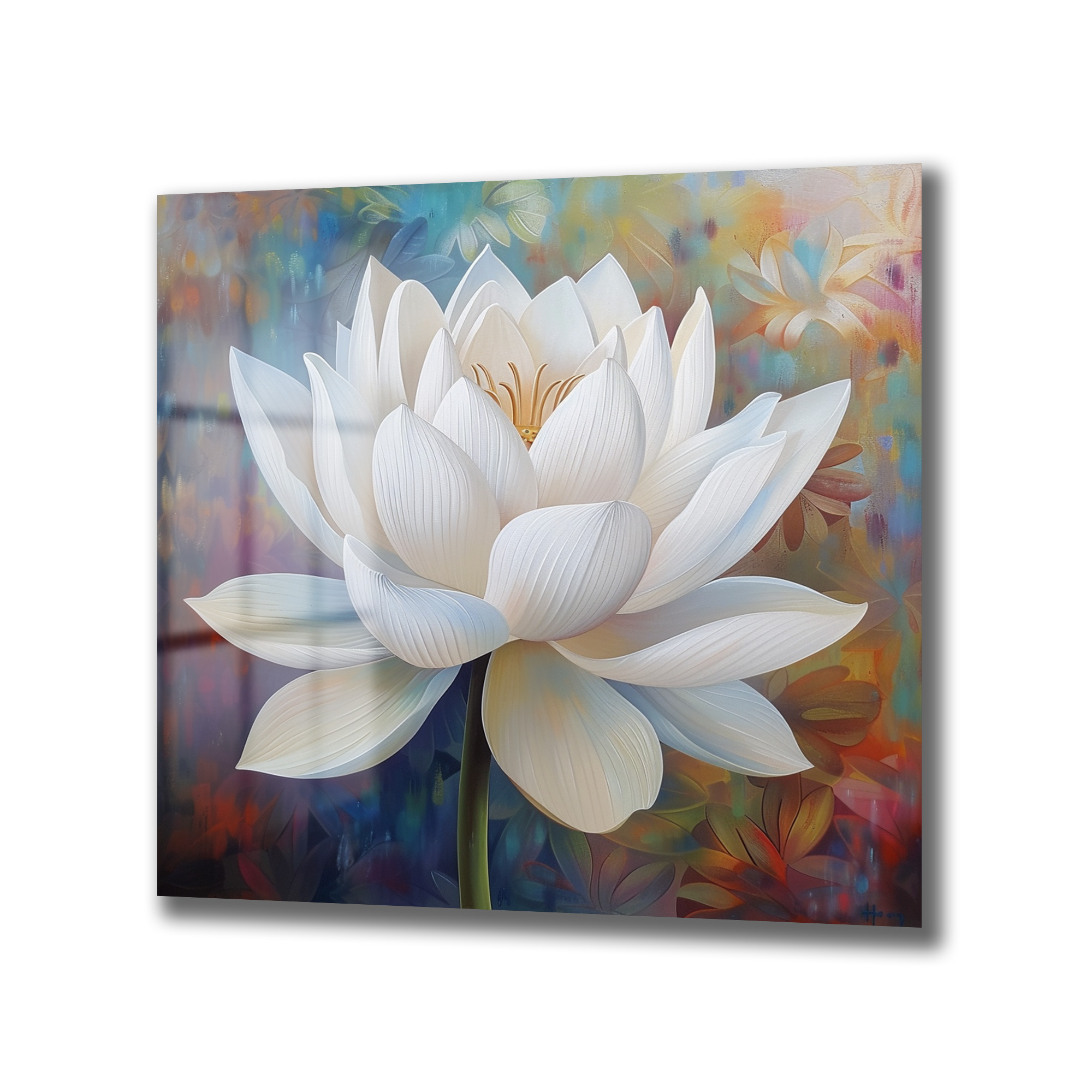 Zarif Beyaz Lotus Çiçeği Modern Sanat Cam Tablo - Glazella Zarif Beyaz Lotus Çiçeği Modern Sanat Cam Tablo - Glazella