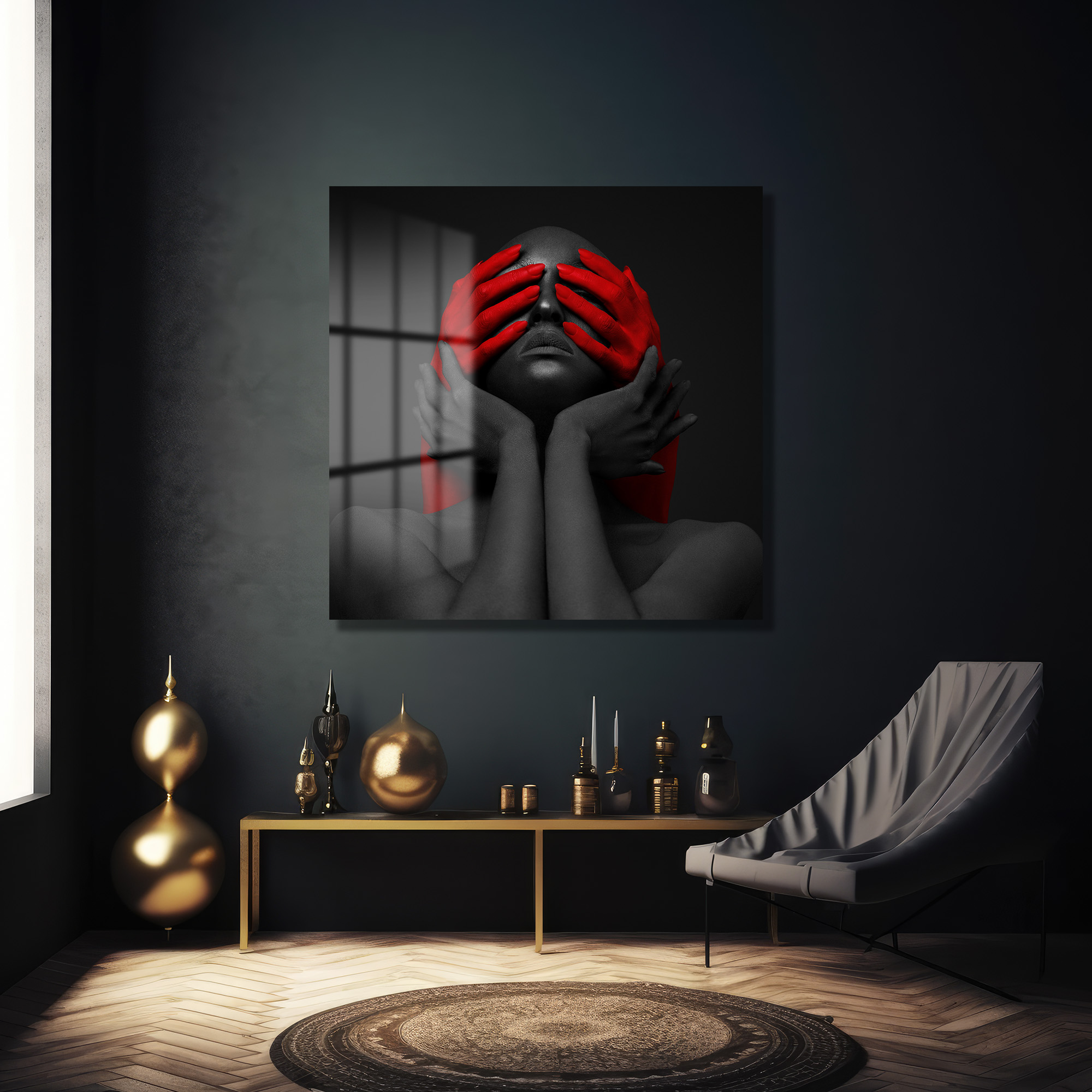 Kırmızı Ellerle Gizemli Bakış Cam Tablo - Modern Sanat Eseri Duvar Dekoru Kırmızı Ellerle Gizemli Bakış Cam Tablo - Modern Sanat Eseri - Görsel 2