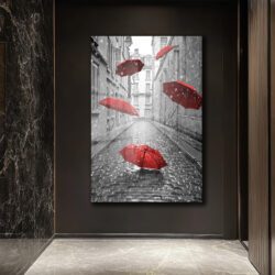 Yağmurlu Paris Sokağı ve Kırmızı Şemsiyeler Cam Tablo Duvar Dekoru Yağmurlu Paris Sokağı ve Kırmızı Şemsiyeler Cam Tablo Dekoratif Cam Tablo