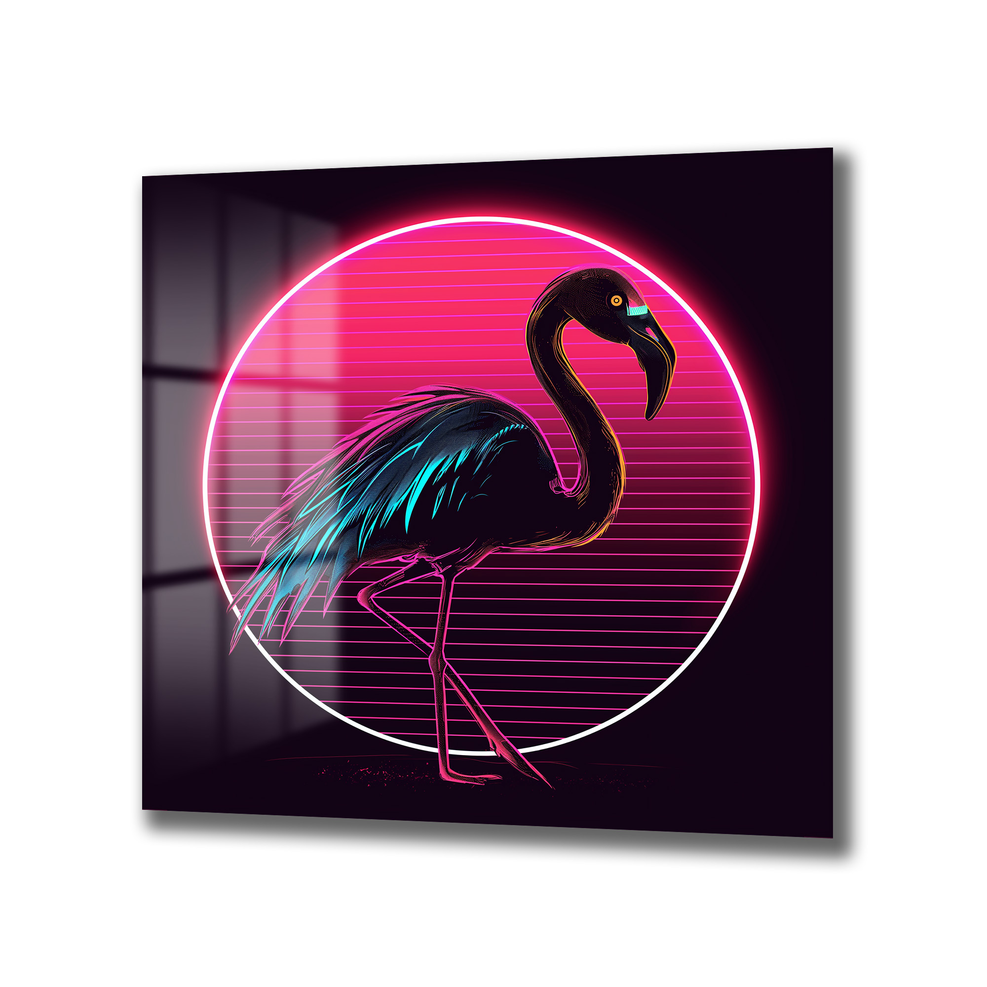 Neon Flamingo Rüyası: Synthwave Estetiğinde Cam Tablo Duvar Dekoru Neon Flamingo Rüyası: Synthwave Estetiğinde Cam Tablo - Görsel 4