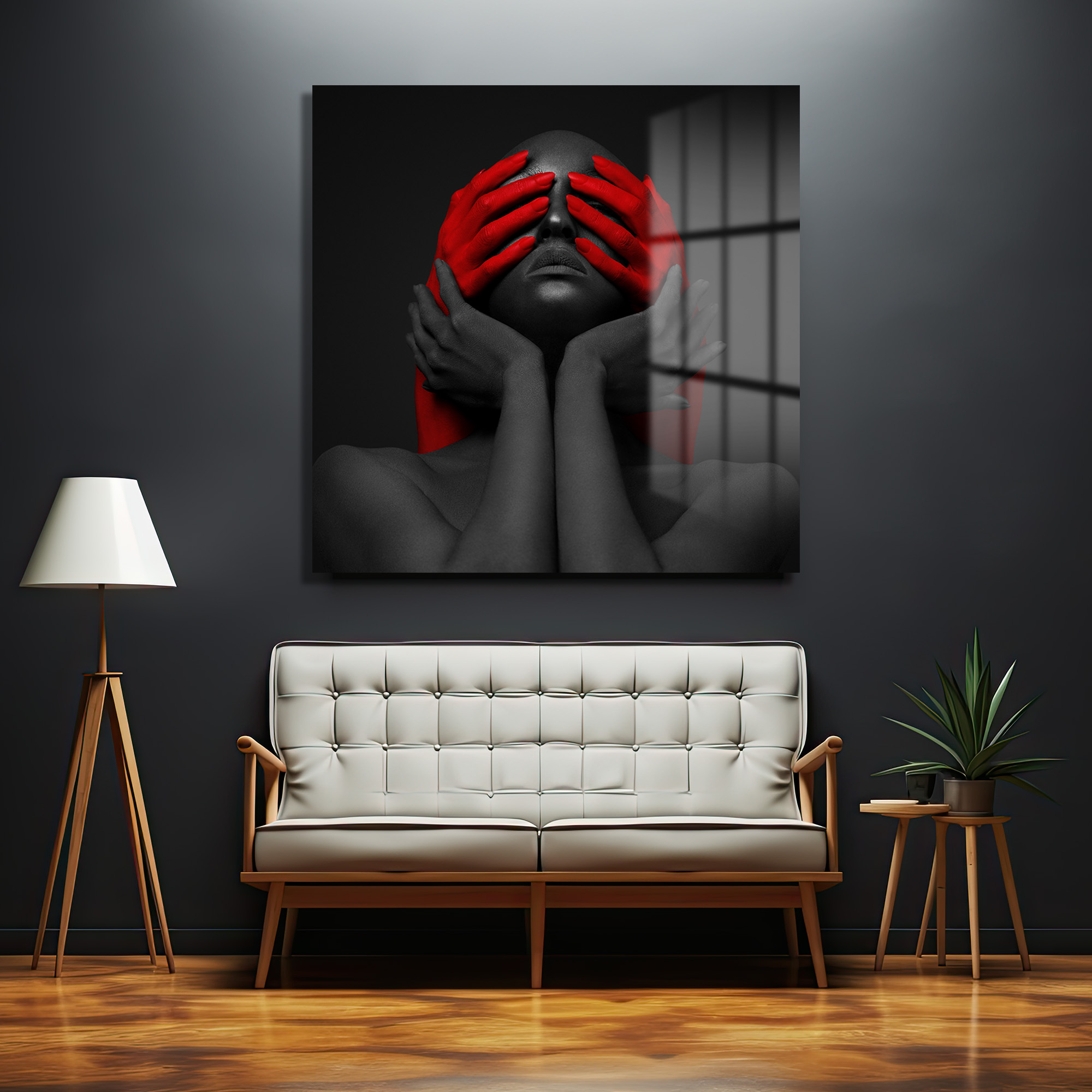 Kırmızı Ellerle Gizemli Bakış Cam Tablo - Modern Sanat Eseri Duvar Dekoru Kırmızı Ellerle Gizemli Bakış Cam Tablo - Modern Sanat Eseri - Görsel 3