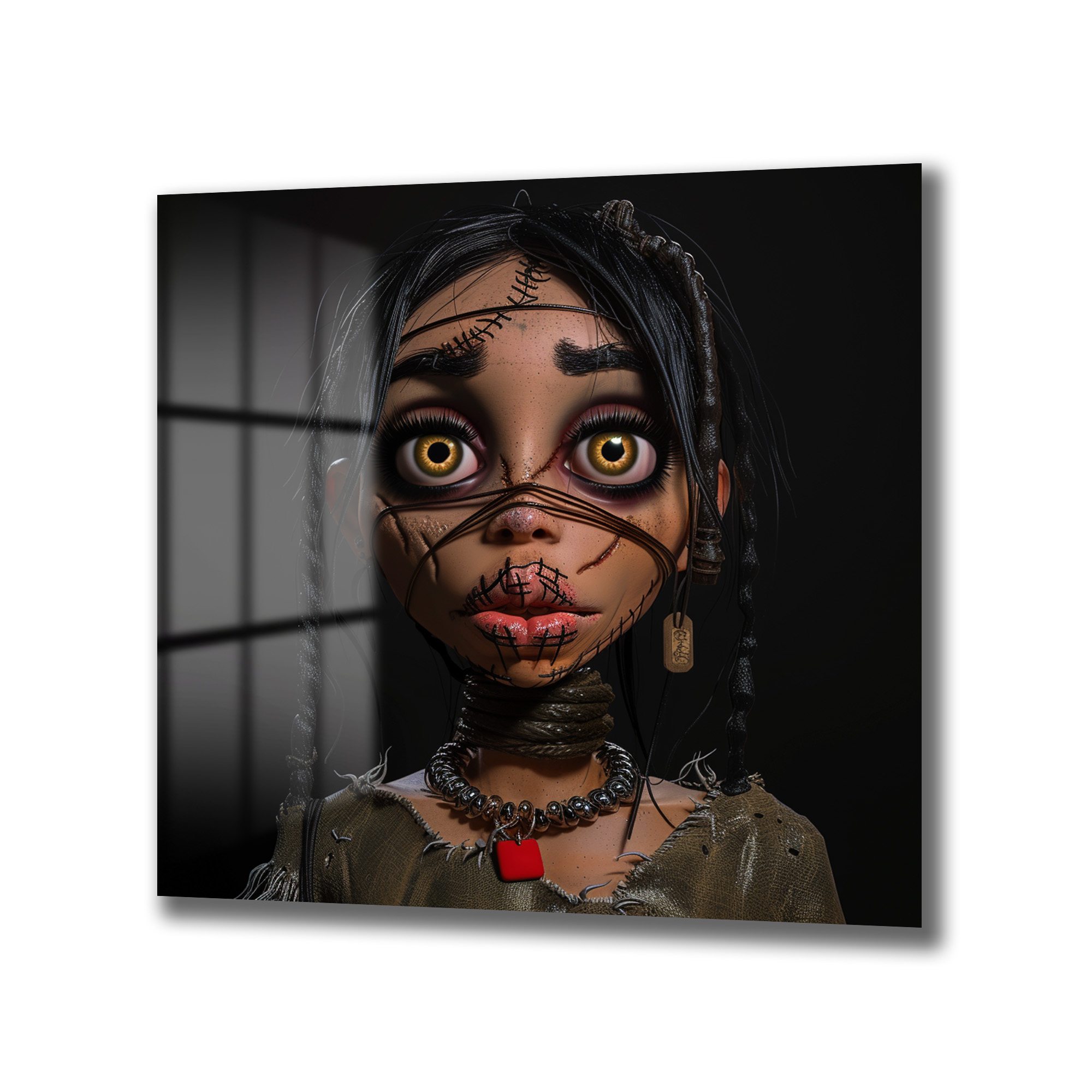 Gizemli Voodoo Bebek Cam Tablo: Büyüleyici Gözlerle Sanatsal Derinlik - Glazella Gizemli Voodoo Bebek Cam Tablo: Büyüleyici Gözlerle Sanatsal Derinlik - Glazella