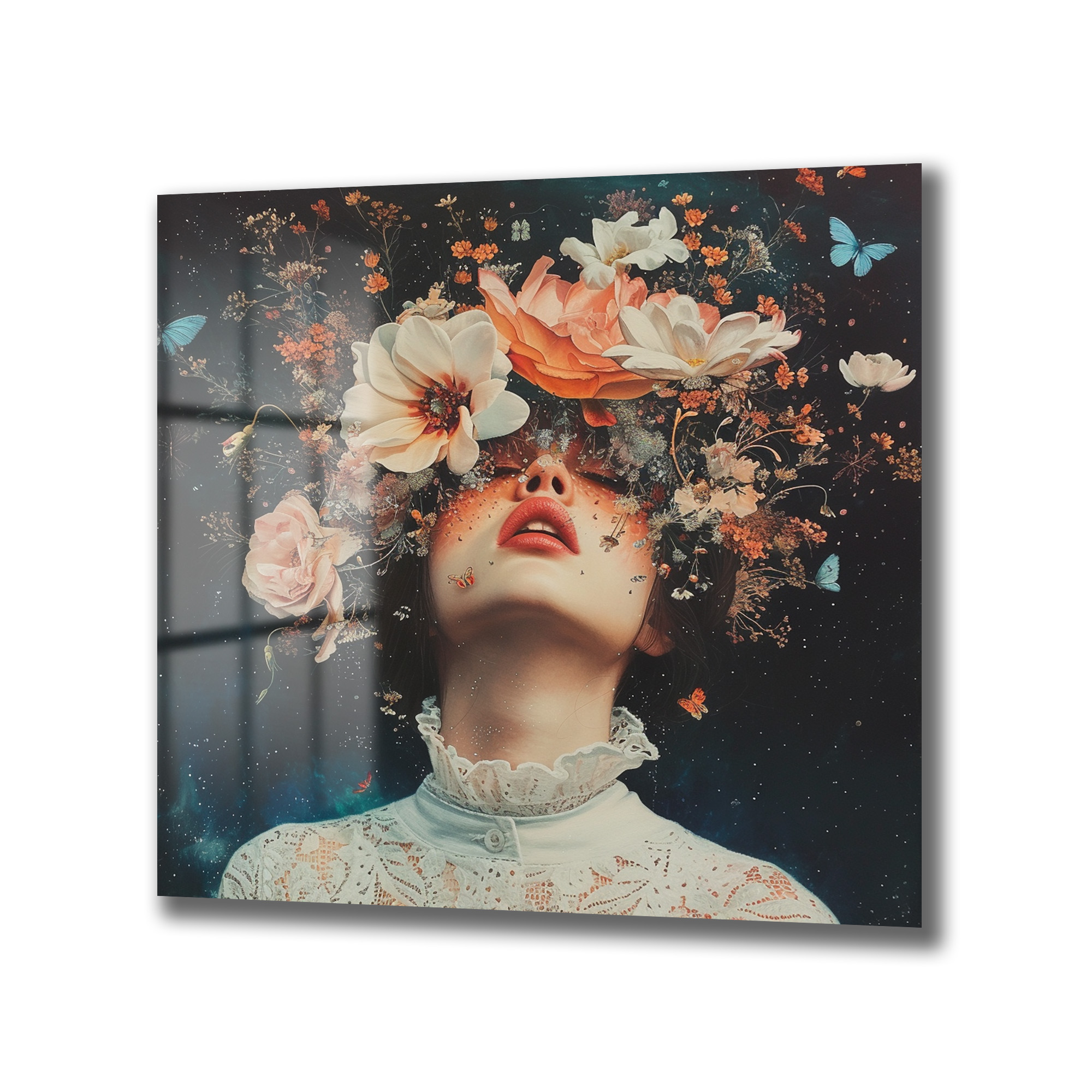 Ethereal Çiçeklerin Dansı: Gizemli Kadın Cam Tablo Duvar Dekoru Ethereal Çiçeklerin Dansı: Gizemli Kadın Cam Tablo - Görsel 4