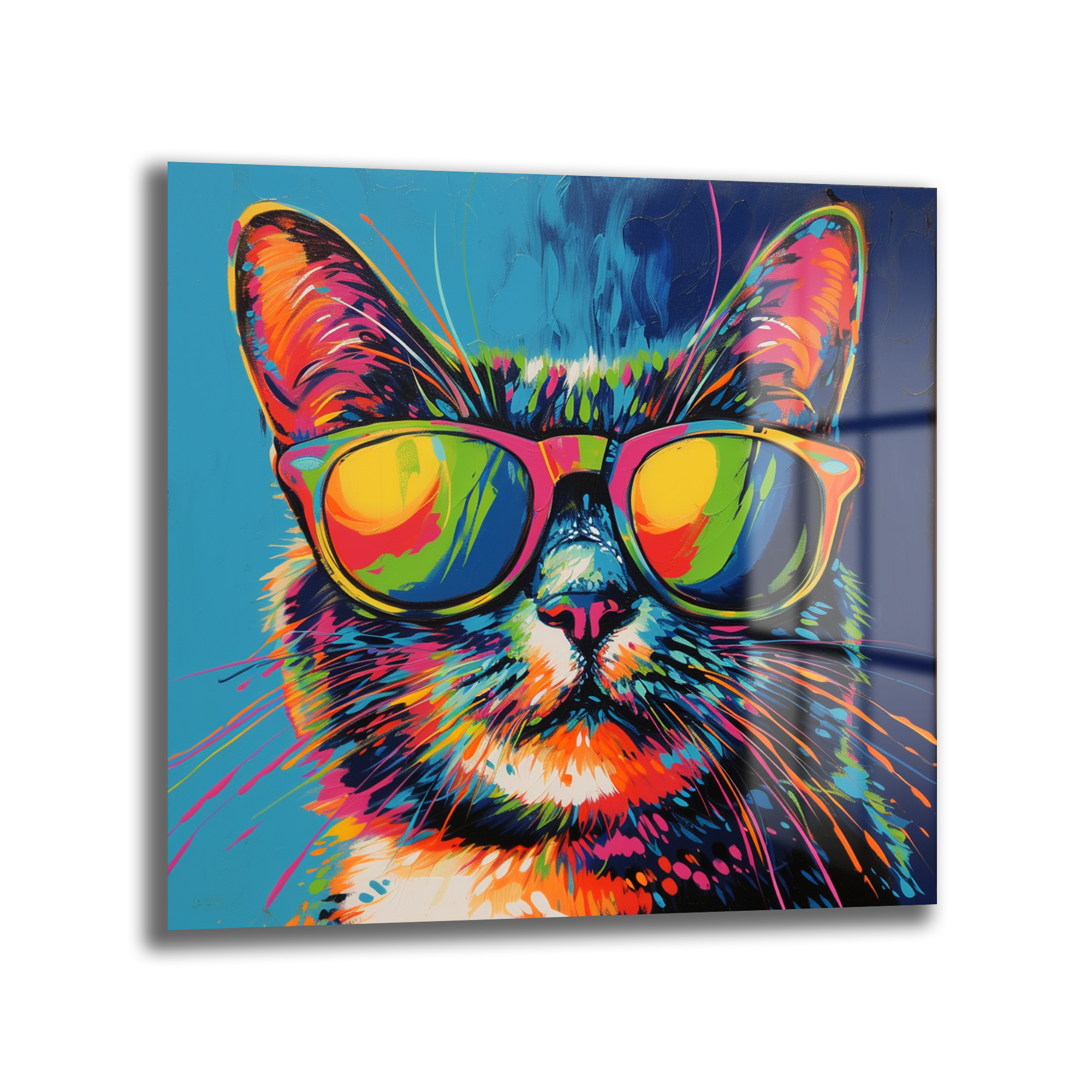 Urban Cool: Gözlüklü Kedi Pop Art Temperli Cam Tablo Duvar Dekoru Urban Cool: Gözlüklü Kedi Pop Art Temperli Cam Tablo, canlı renklerde güneş gözlüklü havalı bir kediyi modern pop art tarzında gösteren dayanıklı temperli cam duvar sanatı.