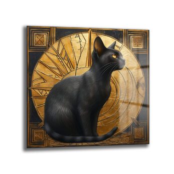 Art Deco'nun Asaleti: Altın ve Kara Kedi Temalı Temperli Cam Tablo - Glazella