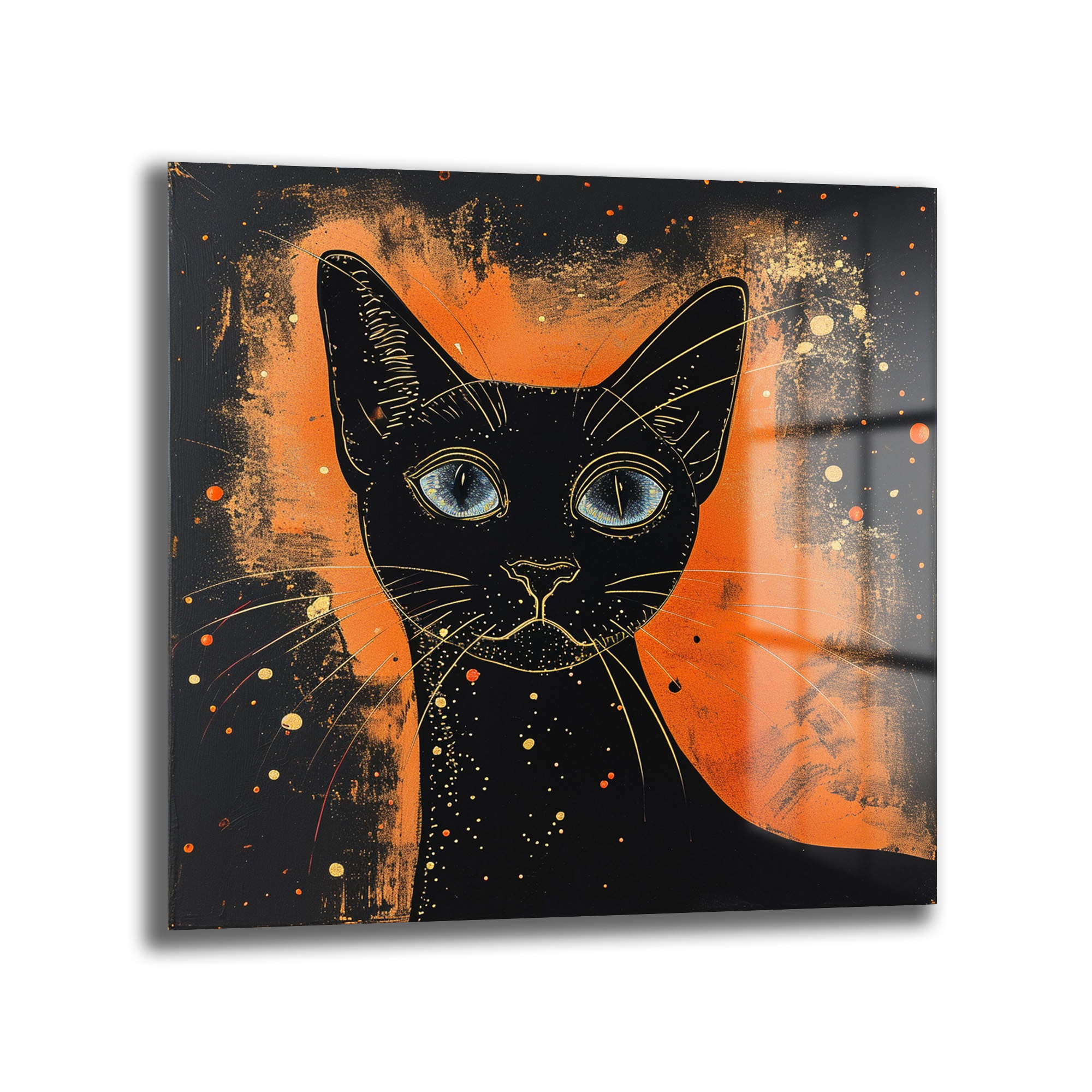 Büyüleyici Mavi Gözler: Modern Kara Kedi Temalı Temperli Cam Tablo Duvar Dekoru Büyüleyici Mavi Gözler: Modern Kara Kedi Temalı Temperli Cam Tablo, siyah ve turuncu tonlarda, etkileyici mavi gözlere sahip bir kara kediyi modern sanat tarzında gösteriyor. Dayanıklı temperli cam üzerine UV baskı ile üretilmiştir.