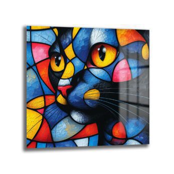 Mozaik Kedi Dansı: Canlı Renkli Soyut Temperli Cam Tablo - Glazella