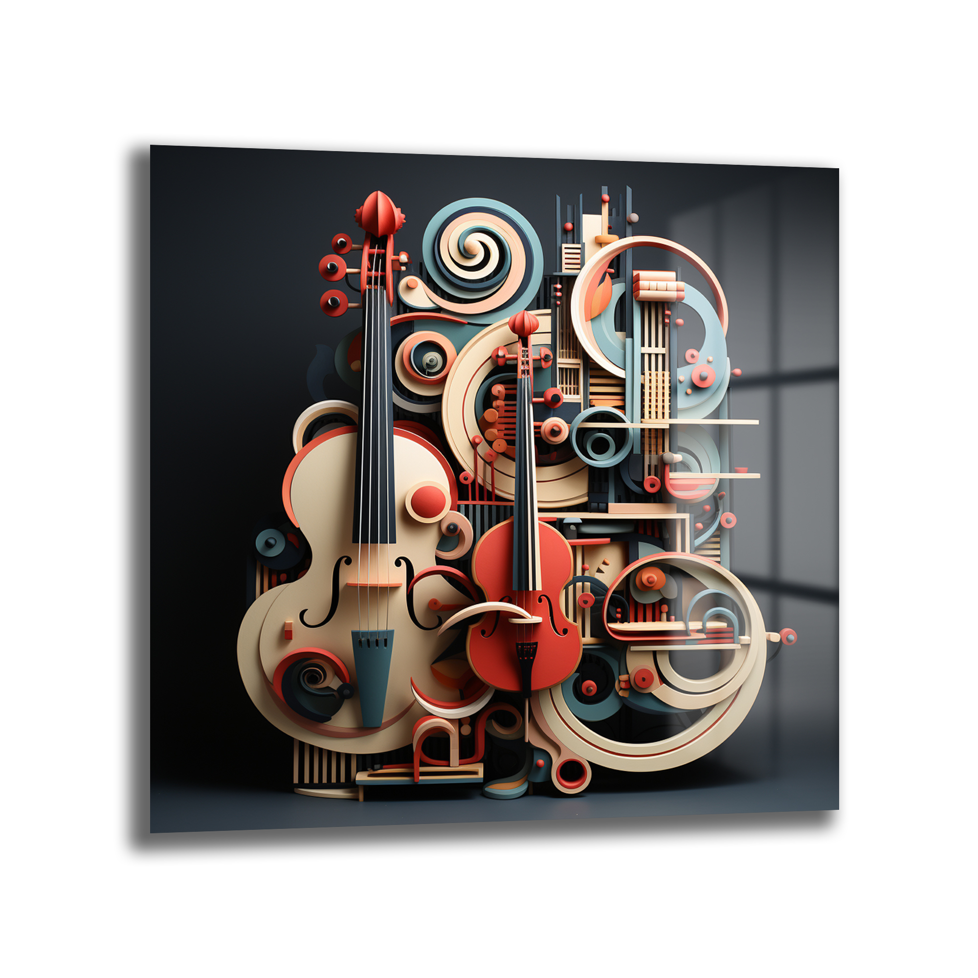 Dinamik Müzik Ritimleri Soyut Sanat Cam Tablo Duvar Dekoru Koyu gri fon üzerinde soyut ve geometrik şekillerle oluşturulmuş iki keman ve müzik enstrümanlarının dinamik kompozisyonu. Kırmızı, krem, açık mavi ve turuncu tonlarında modern sanat cam tablo.